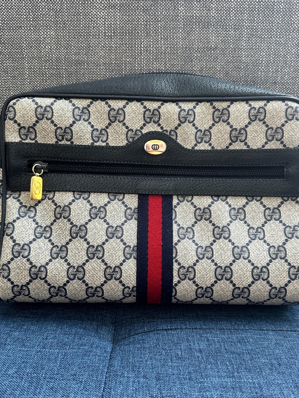Vintage GUCCI Crossbody GG Pattern Sherry Shoulder Bag Canvas Leather Red Navy